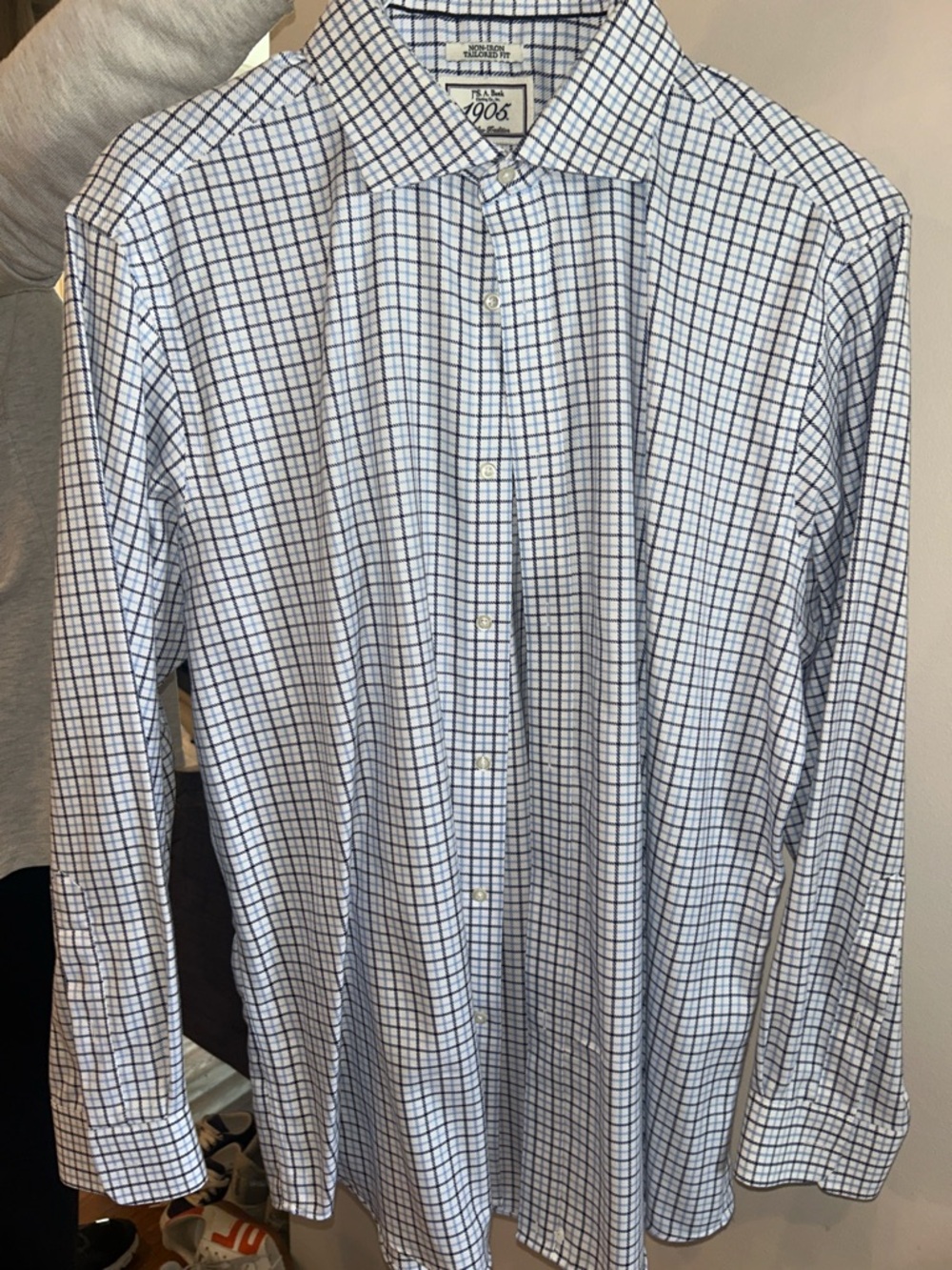 Jos. A. Bank White Dress Shirt with Blue Windowpane Check